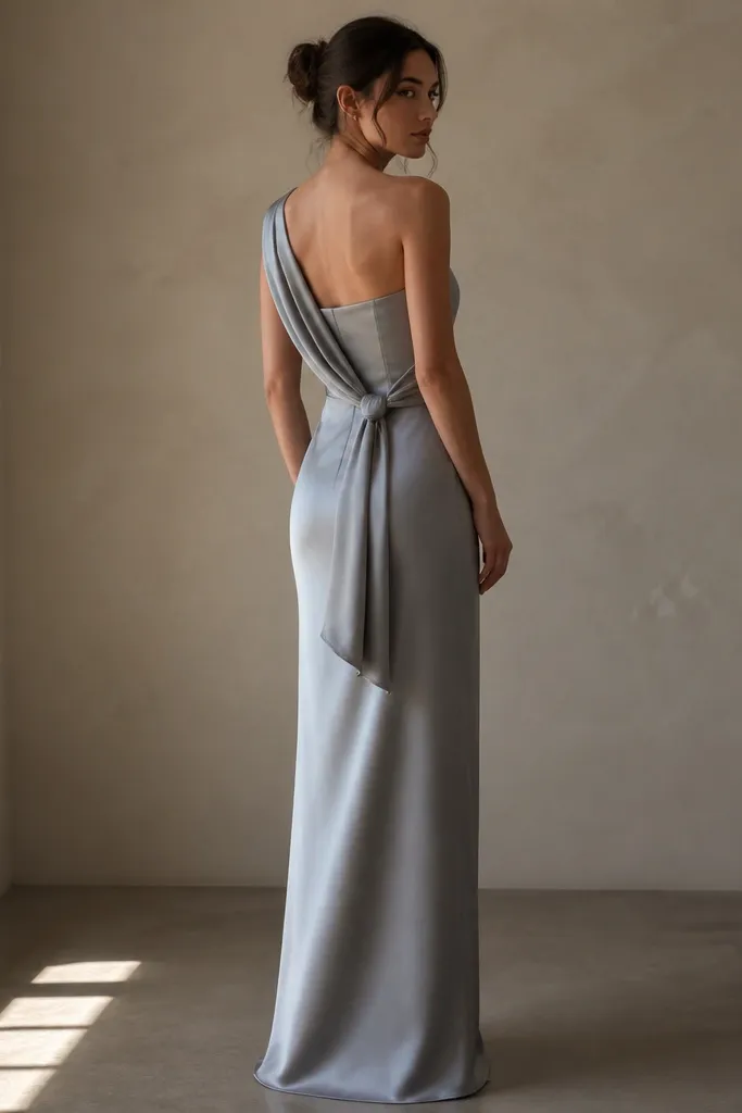 A silver gray long dress with a straight neckline and a fitted bodice. The fabric is satin crepe, matte-leaning with a soft sheen. The back has a draped panel that falls diagonally and ties at the lower back. The skirt is straight and falls to the floor with clean seams.