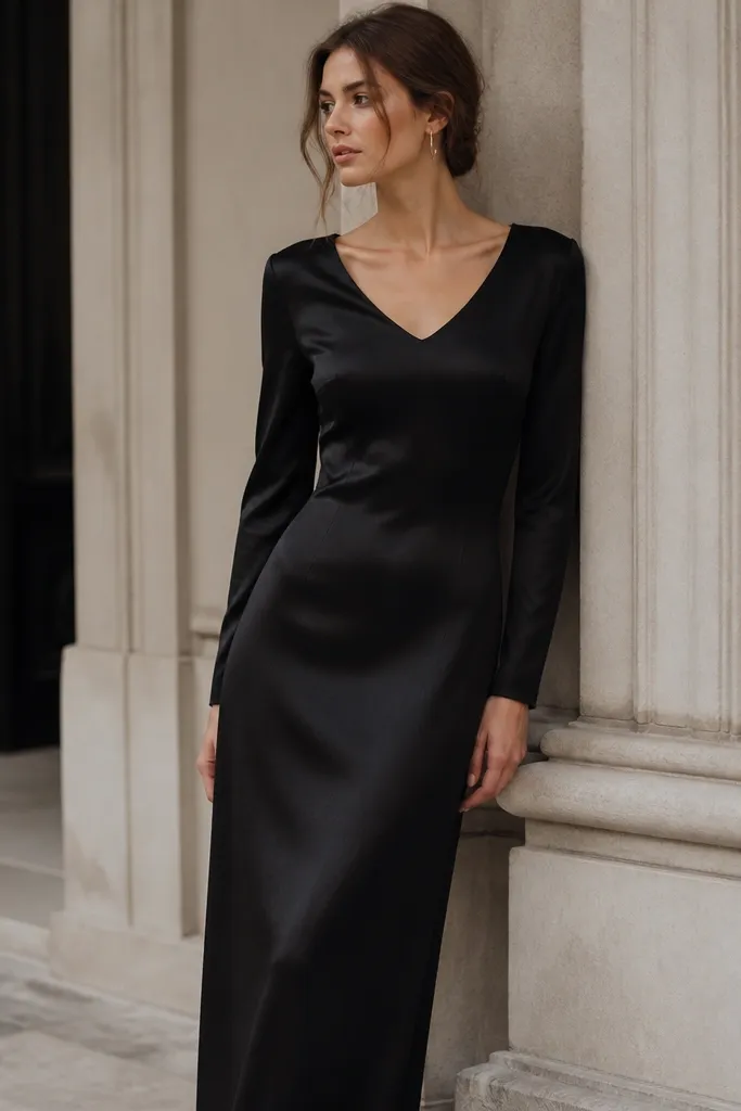 A black long sleeve sheath dress with a soft V-neck and a slight sheen on the fabric. The bodice is smooth with no visible ruching, and the skirt is straight.