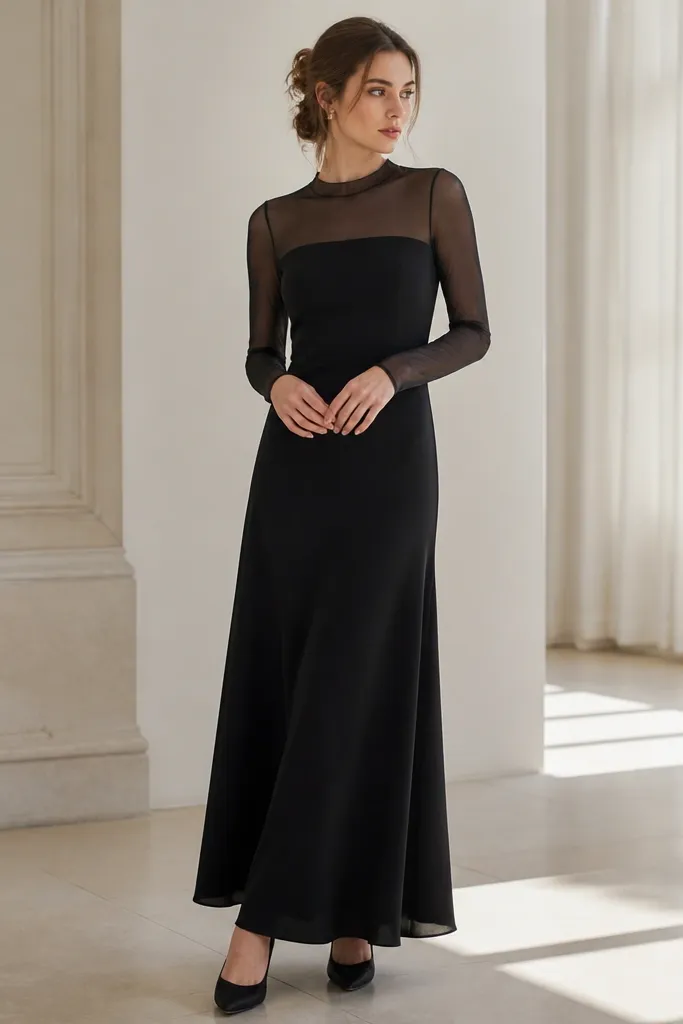 A black dress with long sleeves that have a sheer mesh panel at the upper chest and shoulders, while the lower half is opaque and smooth. The skirt falls to the ankle.