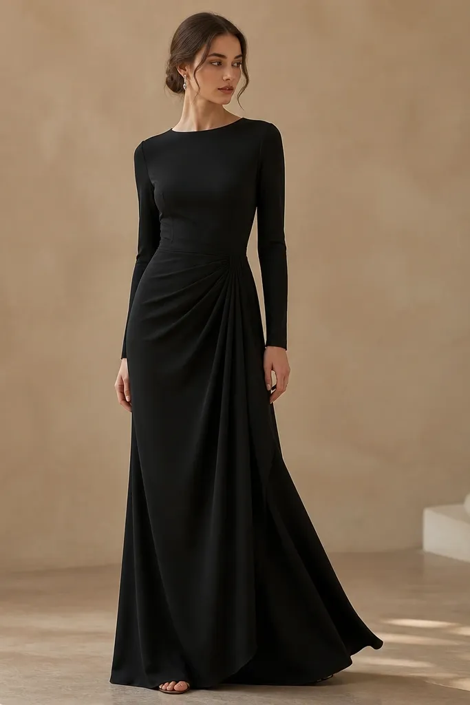 A black long sleeve evening dress with a diagonal drape detail starting near the waist and moving toward one side of the skirt. The neckline is simple and the skirt has a subtle movement.