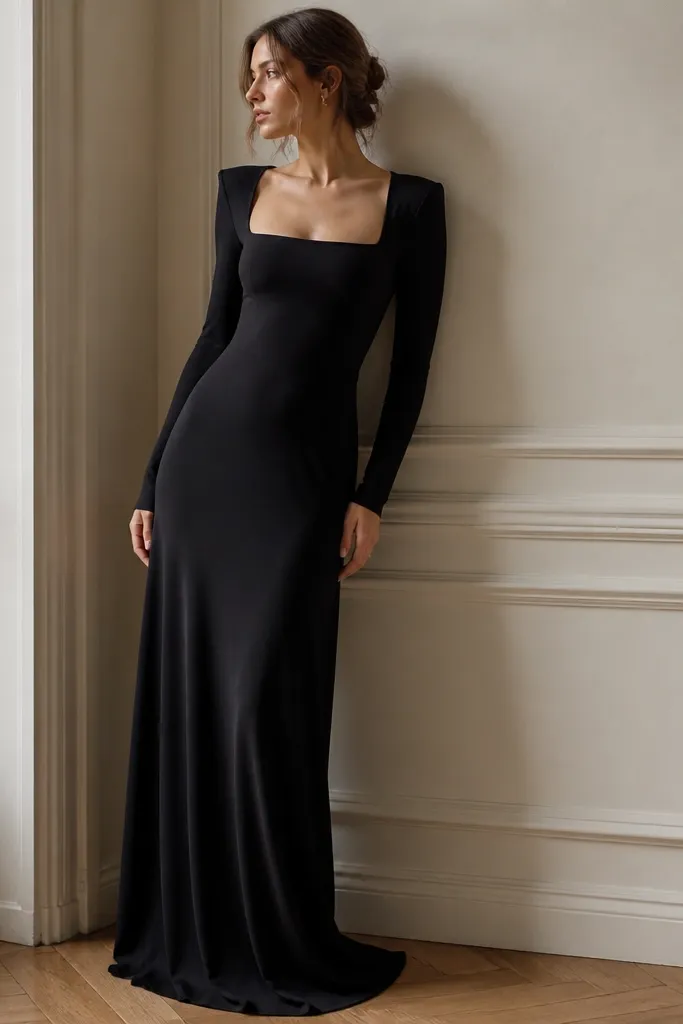 A matte black long sleeve dress in jersey with a square neckline. The shoulders have slight structure, and the skirt drapes smoothly to the floor.