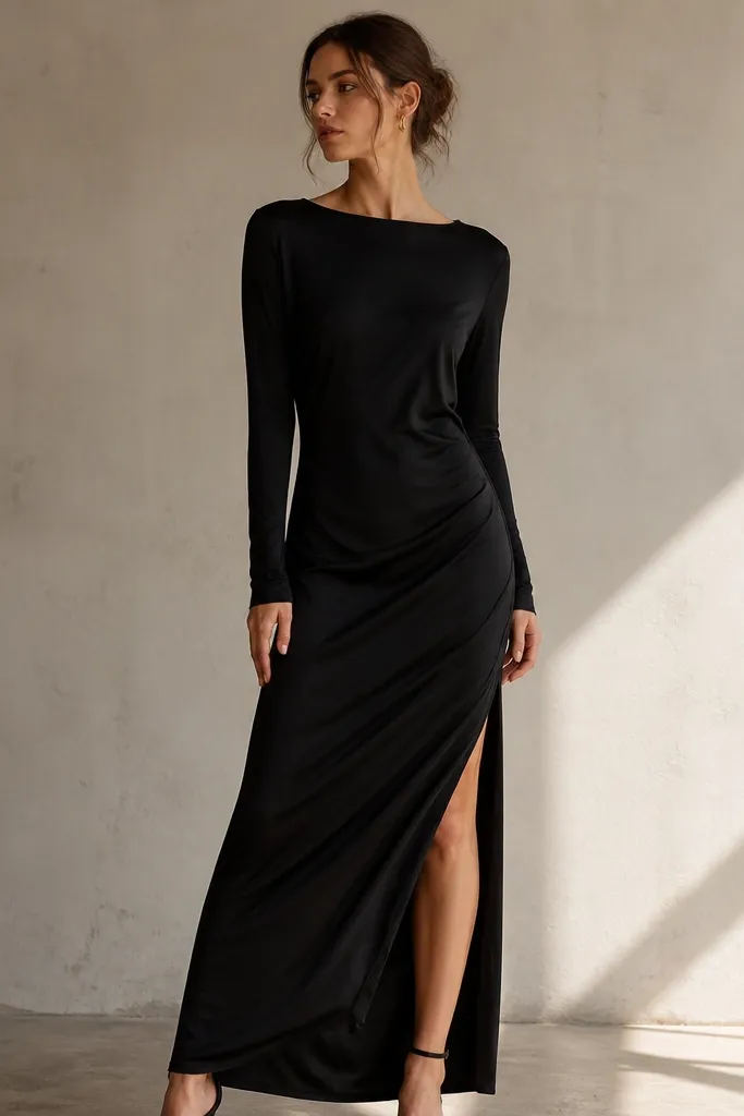 A black long sleeve dress cut on the bias, showing a flowing drape. It has a modest side slit near the thigh and a simple neckline.