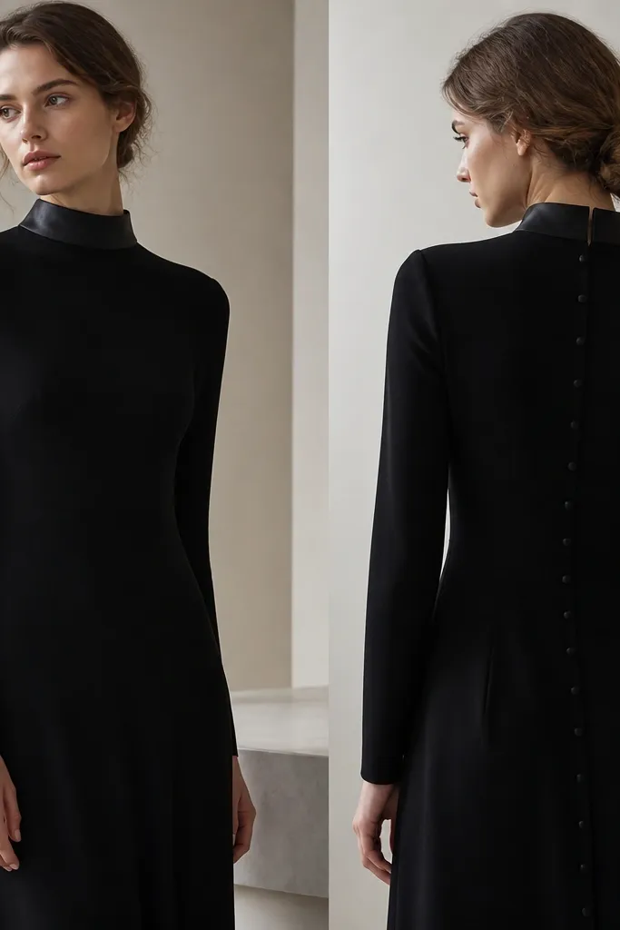 A black long sleeve dress with a high neck and small buttons down the back. The front is smooth and the sleeves are fitted, with a subtle satin trim at the collar.