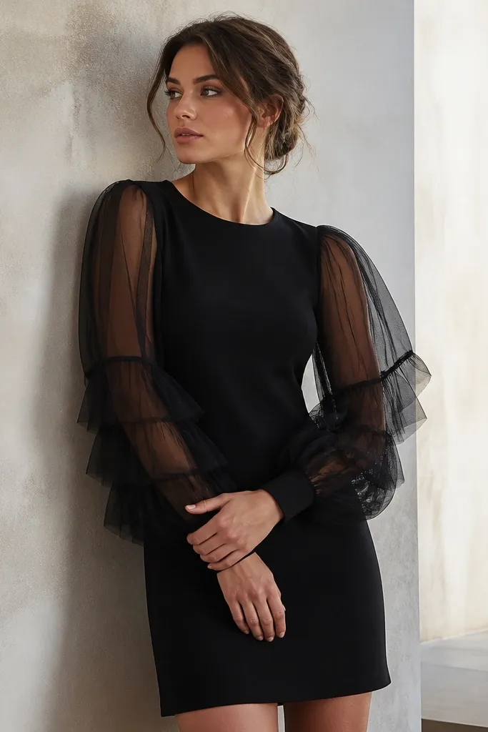A black dress with a solid crepe body and long sleeves made of layered tulle. The tulle sleeves have a soft puff and sheer effect over the arms.