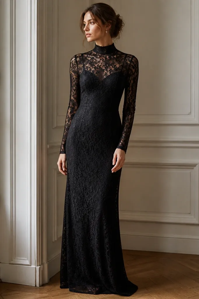 A black long sleeve lace evening dress with a high neckline. The lace sits over a black fitted lining that shapes the waist. The sleeves are sheer lace with a clean cuff line, and the skirt falls in a smooth column.