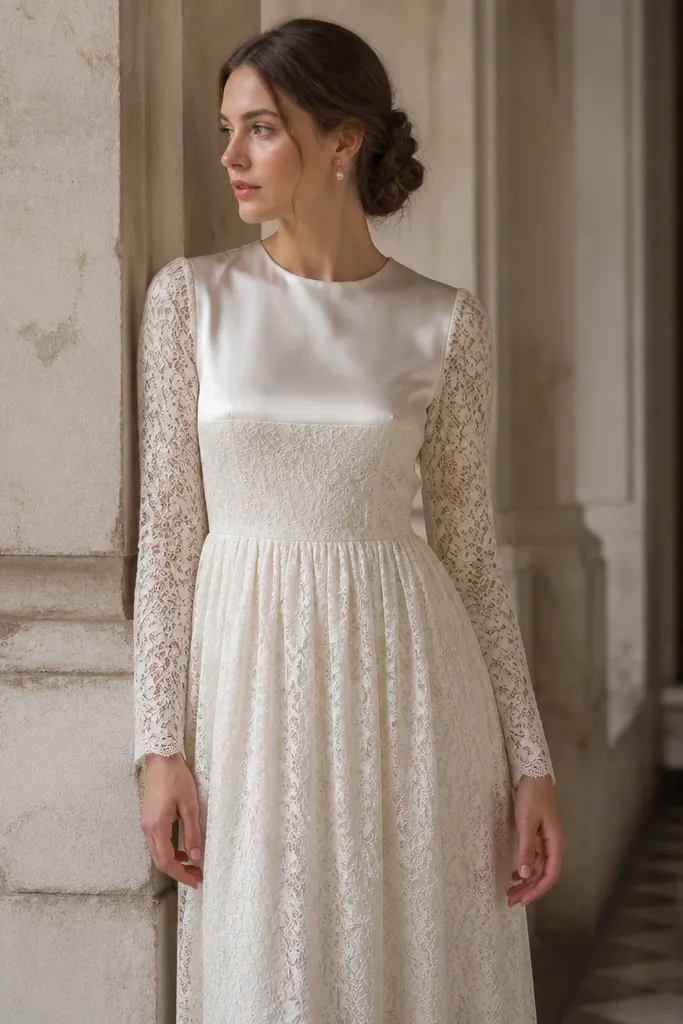 An ivory long sleeve lace dress where the upper bodice has a satin yoke panel. Lace covers the sleeves and skirt, while the yoke looks smooth and reflective. The neckline is modest and the skirt is slightly gathered.