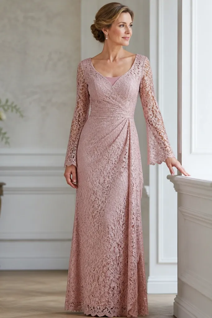 A blush pink long sleeve lace evening dress with a slightly darker rose lining peeking at the neckline and under the lace. The sleeves are delicate lace with a scalloped edge, and the skirt is straight with a soft drape.