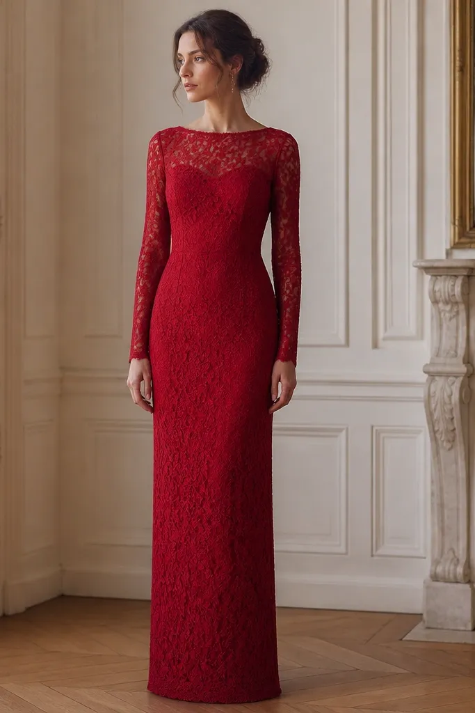 A deep red long sleeve lace evening dress shaped like a column. The lace has a fine pattern and the sleeves end with micro-scallop edges. The neckline is a modest bateau shape and the hem is straight.
