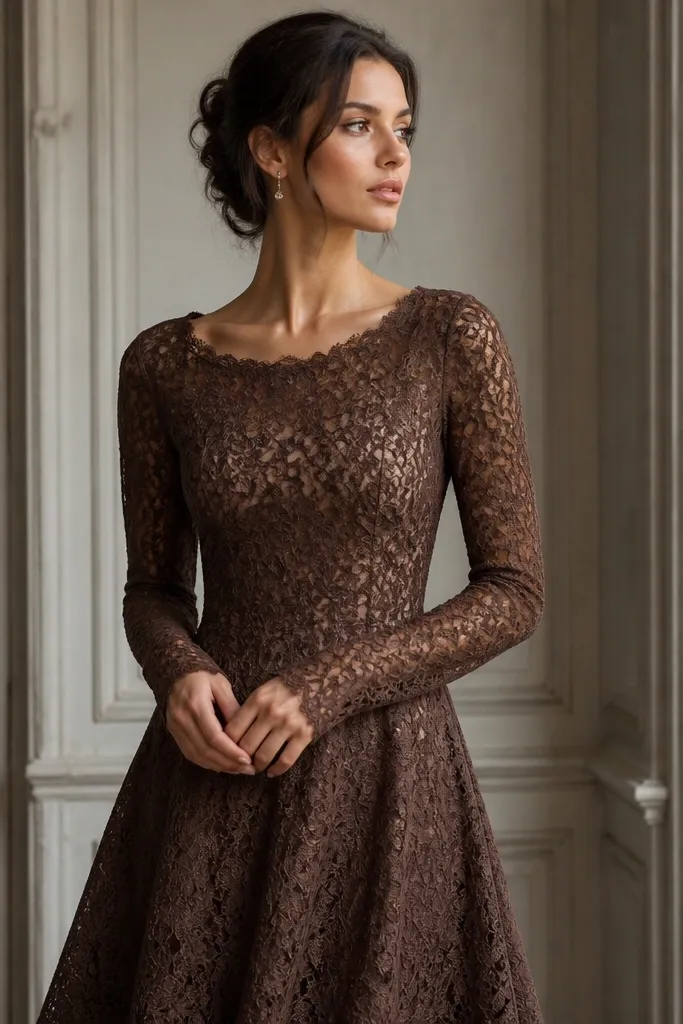 A mocha-brown long sleeve lace dress with a fitted bodice and a caramel-colored lining visible around the neckline and sleeve openings. The skirt is slightly flared and the lace pattern is dense.
