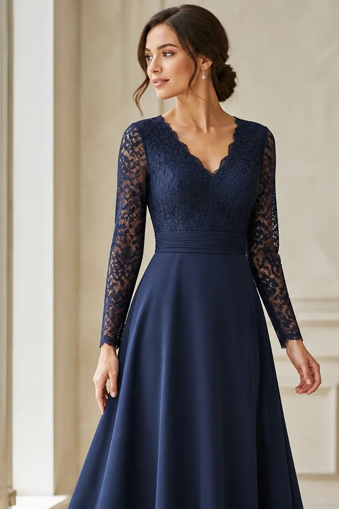 A navy blue long sleeve lace evening dress with a soft V-neck. The bodice has lace overlay and the sleeves are sheer lace. The waist is defined, and the skirt is a gentle A-line.