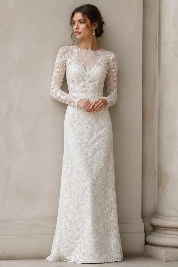 A white long sleeve lace evening dress with a dotted mesh underlay. The lace motifs sit on top of small dot texture that shows through at the sleeves and upper bodice. The skirt is full-length with a straight hem.