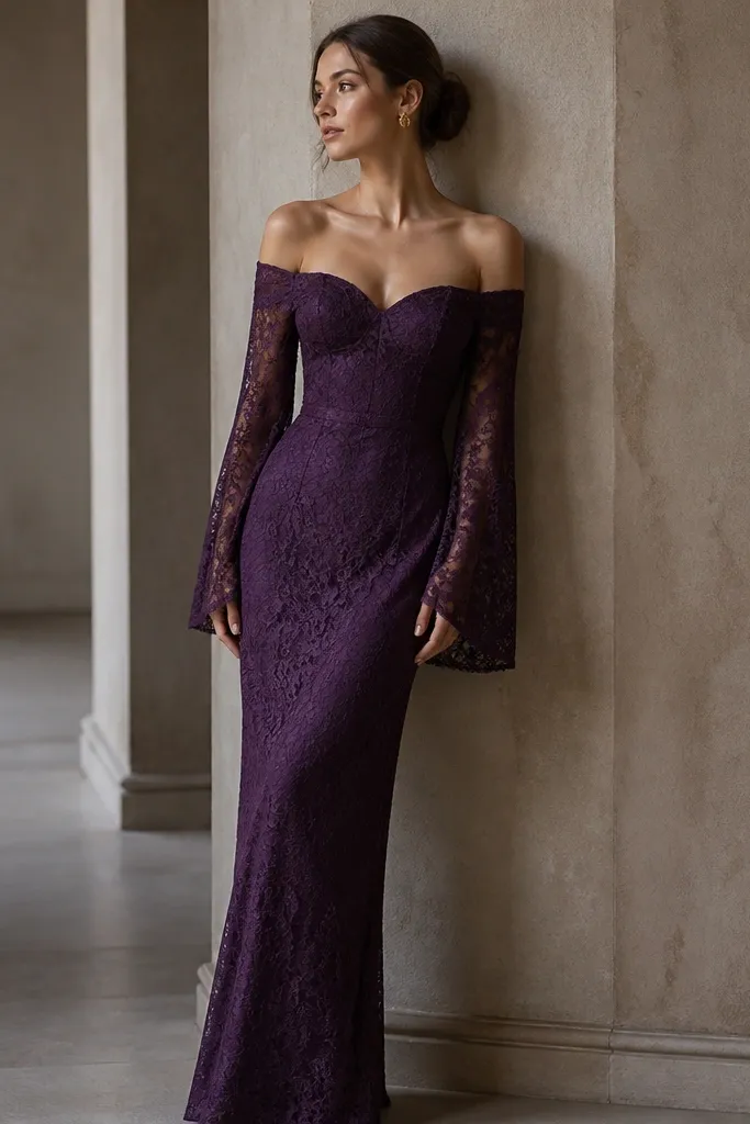 A plum purple long sleeve lace dress that looks like it sits off the shoulders. The sleeves are long lace with a gentle drape and the neckline is structured. The skirt is column-shaped and the hem is straight.