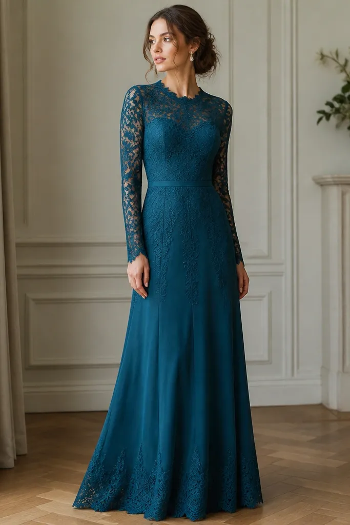 A teal long sleeve lace evening dress with a scalloped hemline. The waist has a visible seam and the bodice is fitted. Lace sleeves end with scalloped cuffs and the skirt falls with a smooth drape.