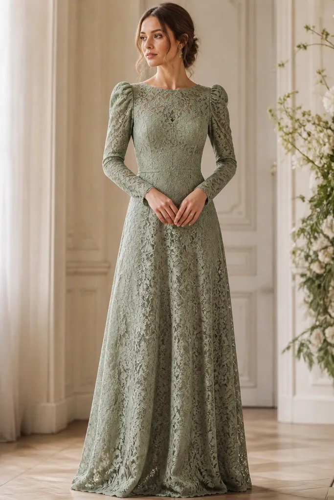 A sage green long sleeve lace evening dress with subtle puff at the upper sleeve. The bodice is fitted and the lace texture is floral. The skirt is A-line and the neckline is round.