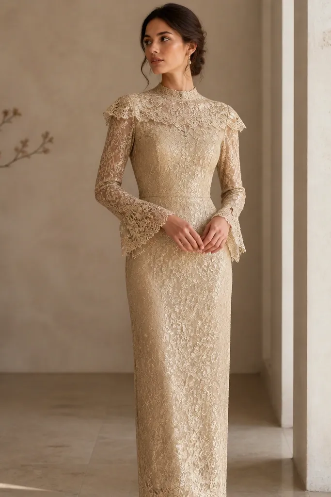 A champagne gold long sleeve lace dress where the sleeve edge looks like a cap illusion. The lace is metallic-thread patterned and the cuff is designed with a layered edge. The skirt is straight and the neckline is high.