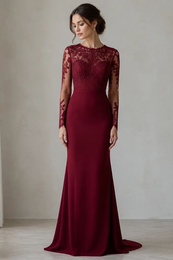 A floor-length burgundy dress with lace covering the bodice and a semi-sheer nude mesh sleeve panel. The skirt is smooth and slightly fitted, with a subtle flare at the bottom. The lace has floral motifs and a high, clean neckline.