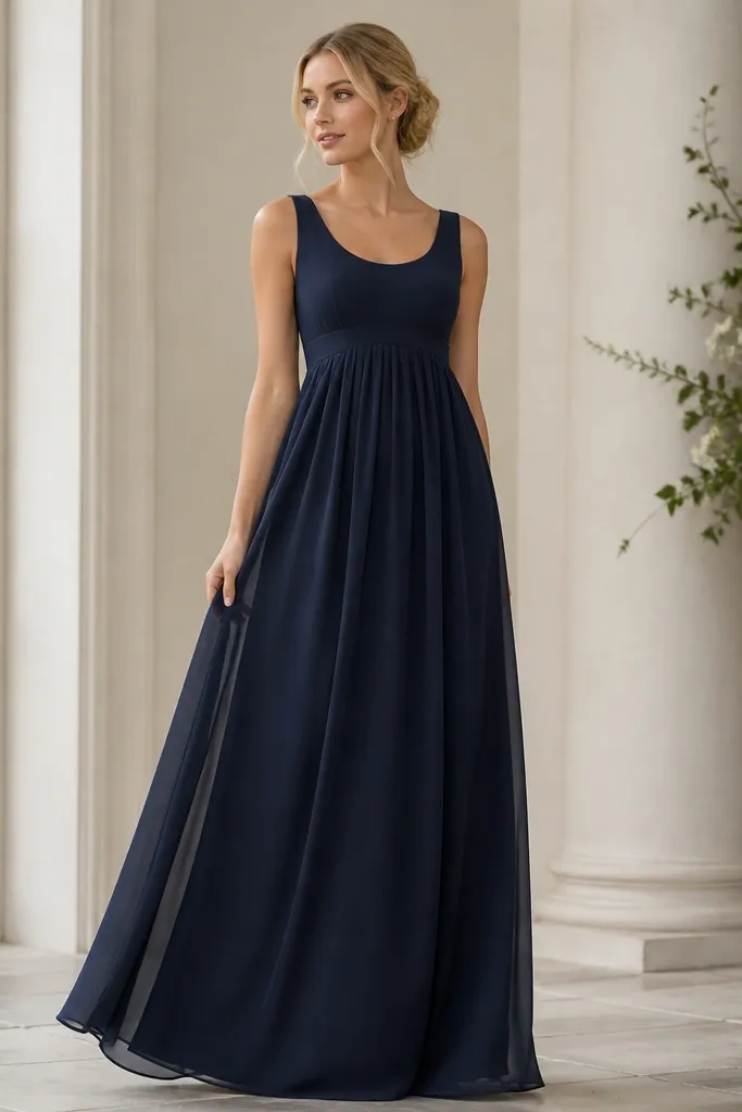 A floor-length navy dress with an empire waist seam just under the bust. The skirt has a chiffon overlay that drapes lightly over a smoother underlayer. The neckline is a soft scoop, and the overall look is airy but structured.