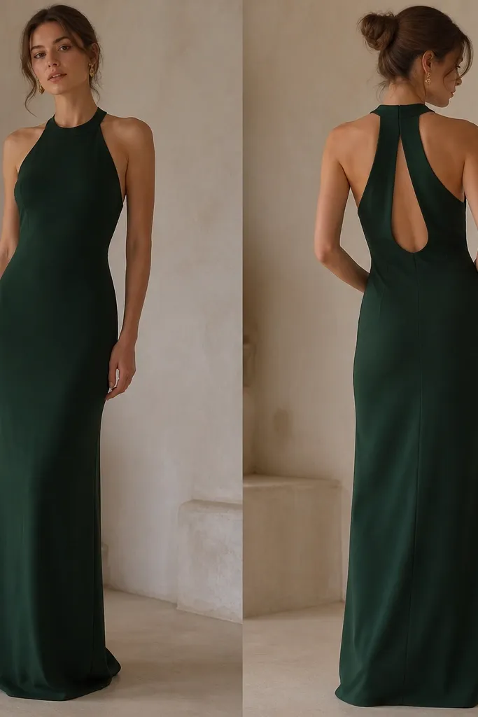 A deep emerald green halter long dress in matte crepe. The front is minimal and fitted, and the back has a small keyhole opening framed by the same fabric. The skirt is straight and falls cleanly to the floor.