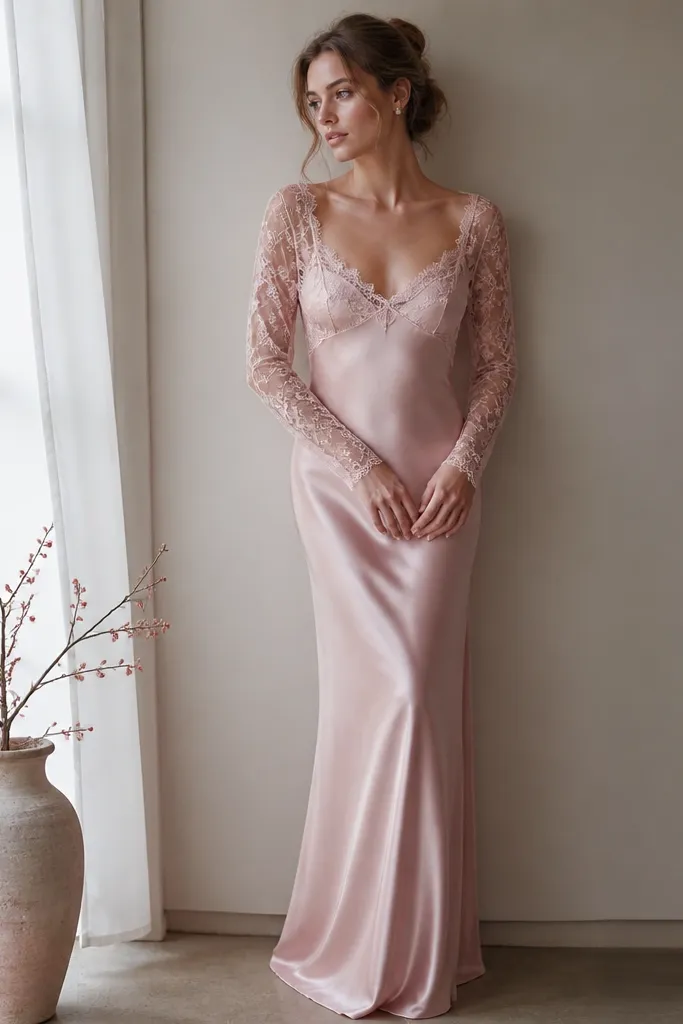 A blush pink long satin slip dress with long sleeves made of lace or lace-like mesh. The neckline has lace trim, and the skirt is a smooth satin column with a gentle drape. The satin has a soft sheen, not mirror-like.