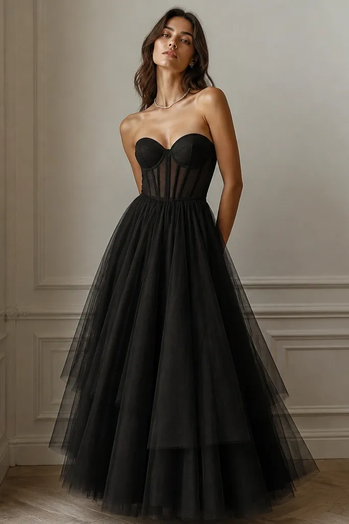 A black long dress with a fitted corset-style bodice and a full but controlled A-line skirt. The skirt has a soft tulle overlay and falls in layers. The neckline is sweetheart, and the overall look is structured and party-ready.