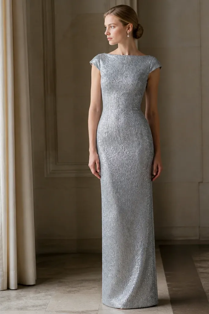 A long silver-gray dress in metallic jacquard fabric. The pattern is subtle, like a woven texture rather than loud sequins. It has cap sleeves, a straight neckline, and a fitted column skirt.