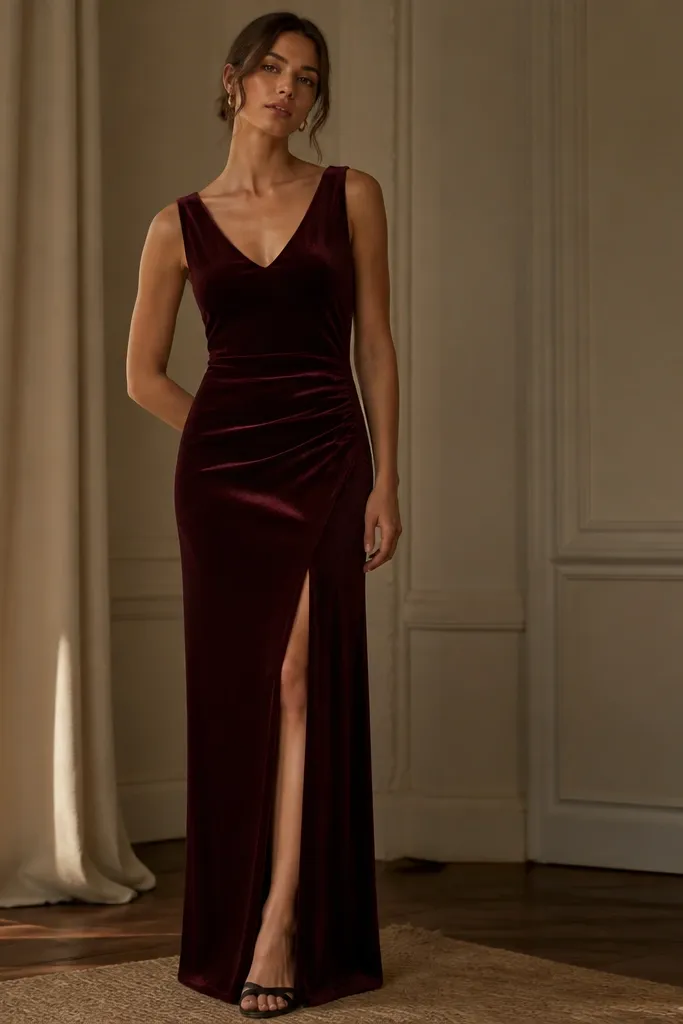 A rosewood velvet long dress with a straight, controlled front slit. The neckline is a simple V or modest scoop, and the velvet has a soft pile with a deep color tone. The skirt is fitted through the thighs and falls straight.