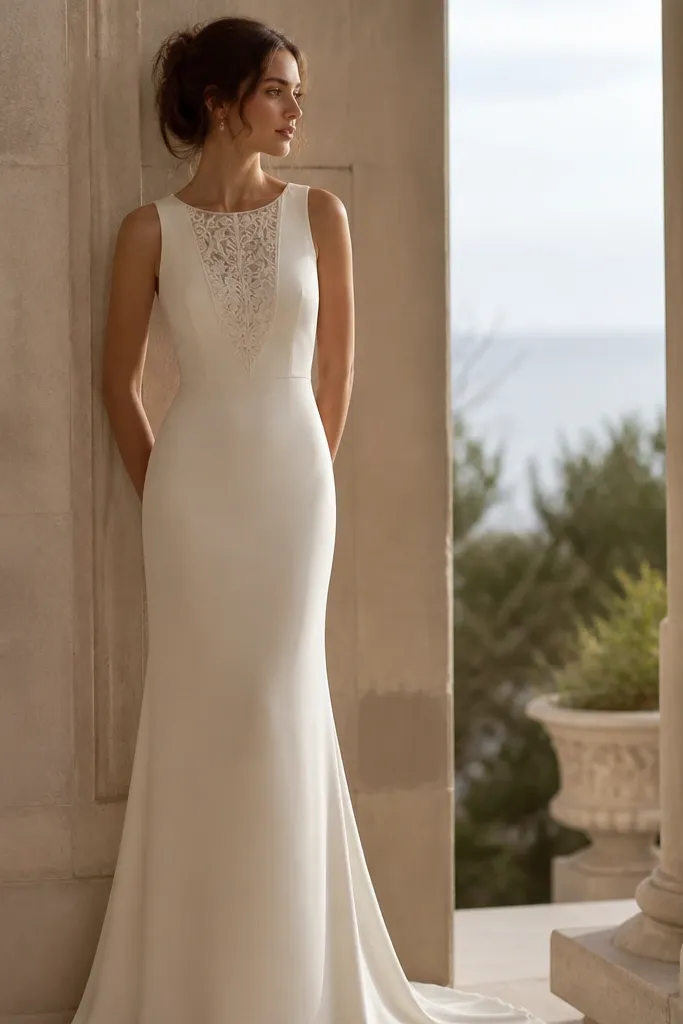 An ivory long crepe dress with an embroidered neckline panel. The bodice is fitted, and the back has a small bow detail at the waist or upper back. The skirt falls straight with a subtle flare at the hem.