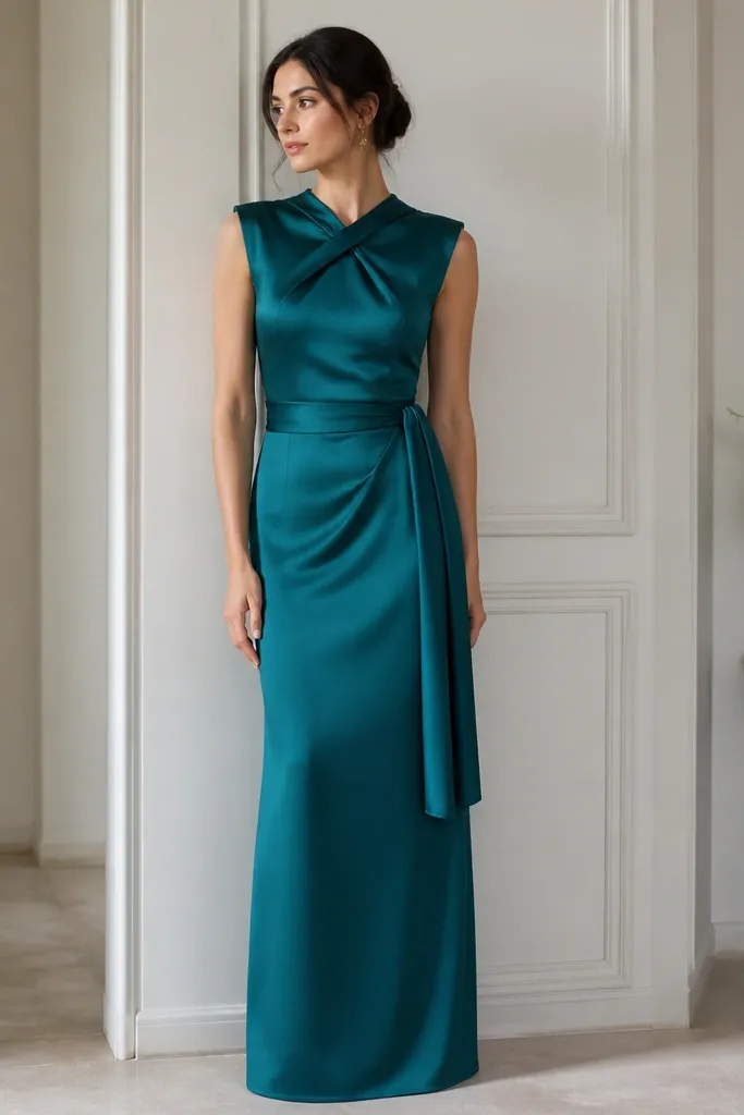 A teal satin dress with a twist at the neckline and a waist sash tied at the side. The skirt is straight and falls to the floor, with a smooth satin finish that is not overly reflective. The bodice looks structured near the shoulders.