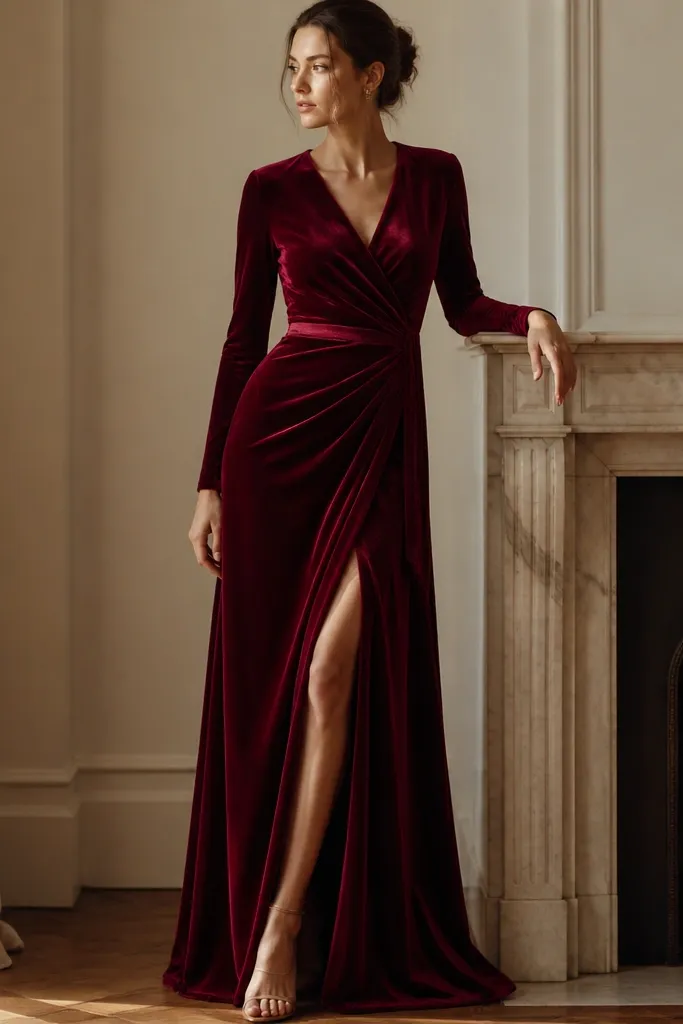 A deep wine-red velvet maxi dress with a wrap front. The overlap creates a V-neck. The skirt has a single vent on one side, and the velvet pile looks dense and plush with a soft sheen.