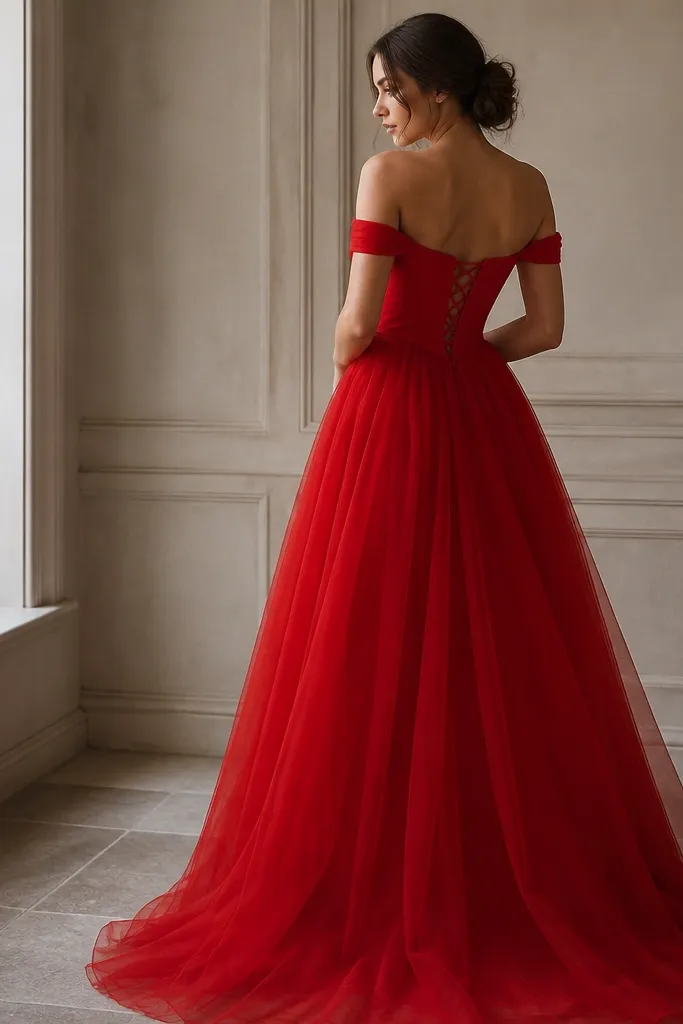A true red long dress with off-shoulder neckline. The bodice looks structured like a corset with a corset-style back panel. The skirt is layered tulle over a red lining, with a full but controlled shape.