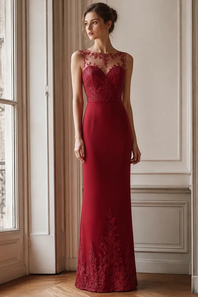 A long red dress with a column silhouette. The bodice has an illusion sweetheart neckline with sheer mesh and lace appliques. The skirt is mostly solid with lace detailing near the hem.