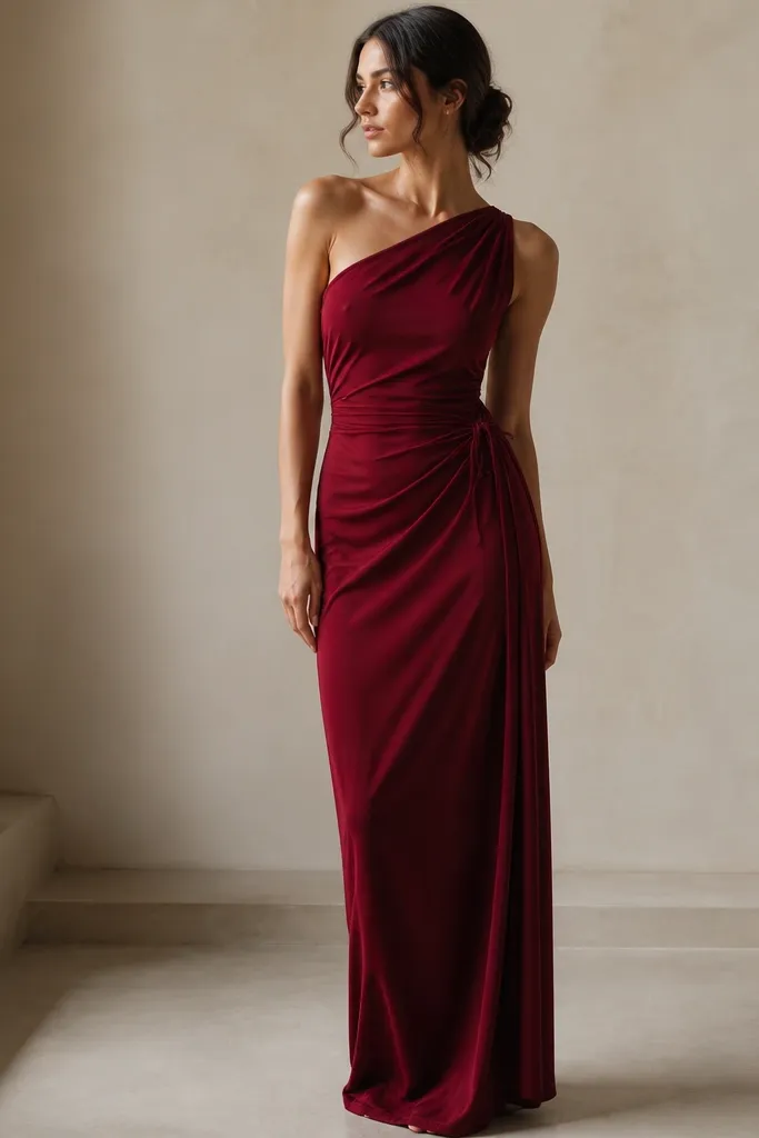 A deep cherry-red long one-shoulder jersey dress. It has a draped shoulder and a gathered waist with a tie that can be adjusted. The skirt falls straight with a soft sheen.