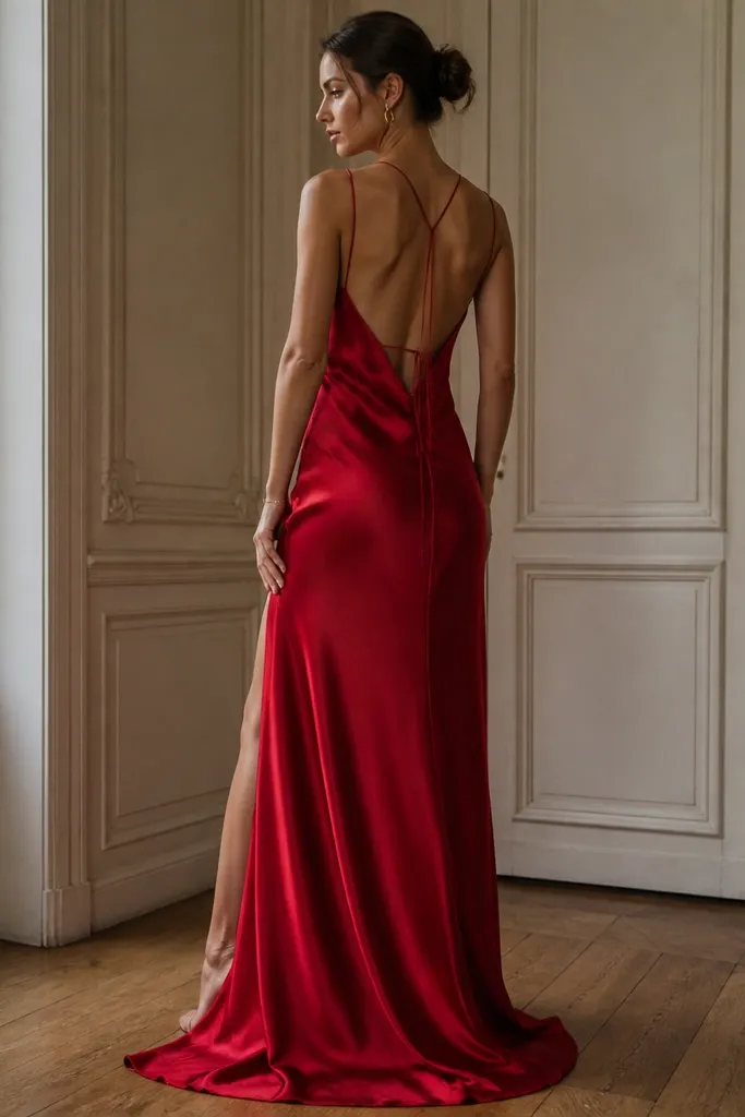 A crimson-red long satin slip gown. It has spaghetti straps, a deep back with tie closure, and a single side vent. The fabric has a smooth, glossy look with soft folds.