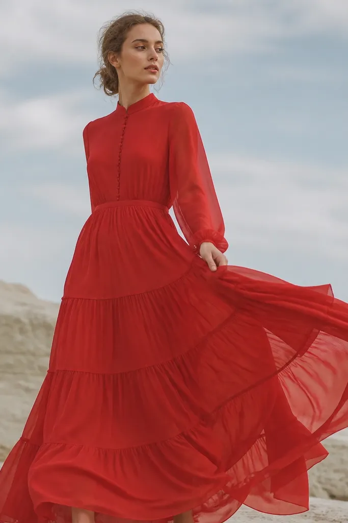 A long red chiffon dress with tiered skirt layers. The bodice has a covered button placket down the front. The fabric looks airy and moves with visible layers, with a soft matte finish.