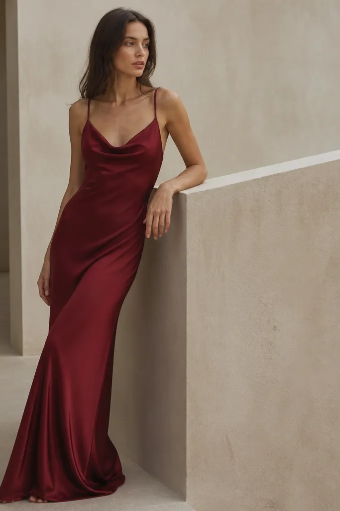A sangria-red gown in a bias-cut silhouette. The fabric hugs lightly, then drapes in long diagonal folds. It has thin straps and a floor-length hem with a clean, minimal seam look.