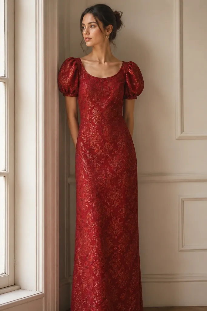 A long red jacquard gown with subtle metallic threading. It has short, soft puff sleeves and a column skirt. The fabric shows a raised pattern, and the neckline is a modest scoop.
