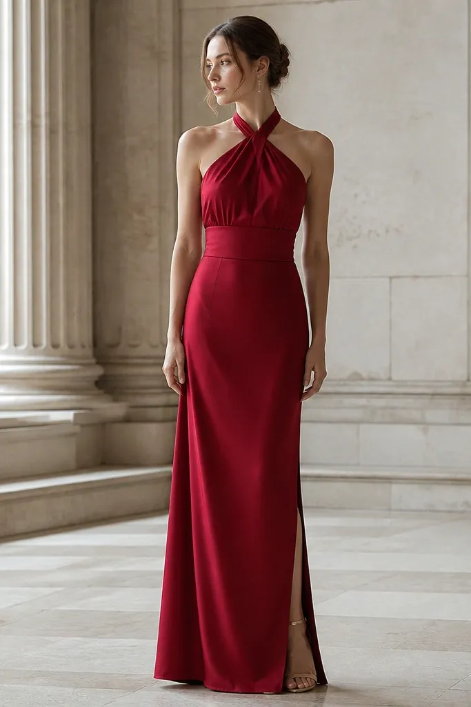 A ruby-red long halter dress with a wide waistband. The neckline wraps around the neck and shows a halter line. There is a back zipper and the skirt falls straight with a small slit.
