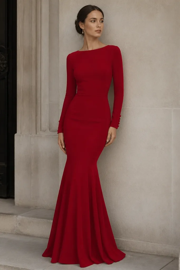 A long red mermaid-style evening dress in matte crepe. The silhouette is fitted through the hips and flares at the knee. There is a subtle front button detail near the cuff area and a modest neckline.