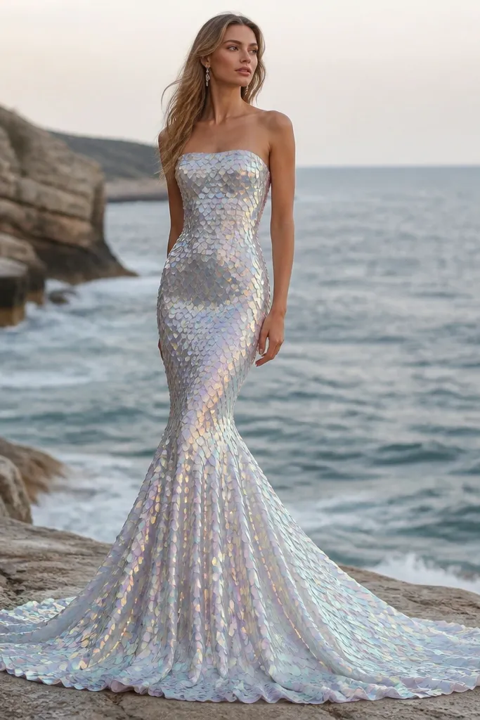 A long mermaid gown in iridescent sequin scales. The scales fade from denser sparkle at the top to a softer, lighter shimmer near the hem. The bodice is fitted, and the skirt flares at the knee with a dramatic, controlled tail effect.