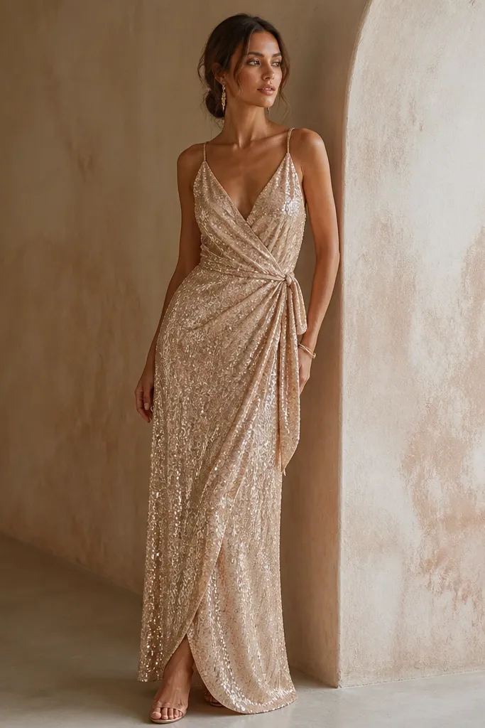 A long champagne sequin wrap gown with a V-neck and a side tie. The wrap creates a diagonal line across the torso, and the skirt drapes with a gentle curve. Sequins catch light in warm tones, and the sleeves are either sleeveless or thin straps.