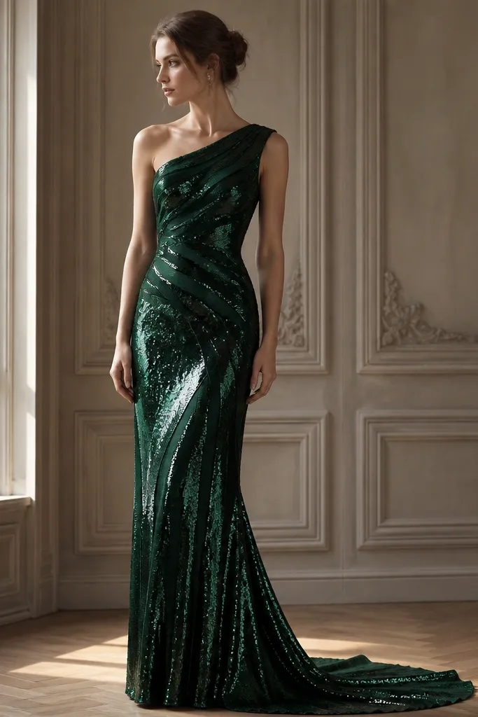 A long emerald green one-shoulder gown. The sequins are mixed: some areas look glossy and reflective, while other bands look more matte. The waist is shaped, and the skirt falls straight with a slight shimmer trail.