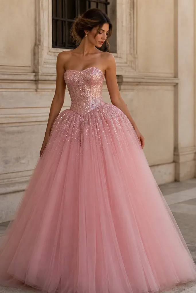 A long rose pink gown with a structured corset bodice covered in small, dense sequins. The skirt is made of layered tulle with a soft sequin dusting near the top and a fuller volume at the hips.