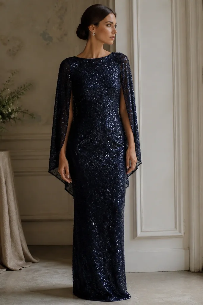 A long midnight navy gown with a fitted sequin body. Over the shoulders is a cape-like drape made from sequined fabric or a sequin-covered mesh, falling to mid-back and sides. The skirt is straight and floor-length.