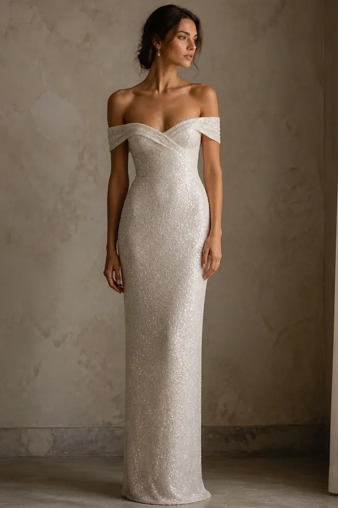 A long pearl-white sequin gown with an off-shoulder sweetheart neckline. The sequins are small and evenly distributed, and the skirt is a straight column with no flare. The neckline shows a soft curved line around the chest.