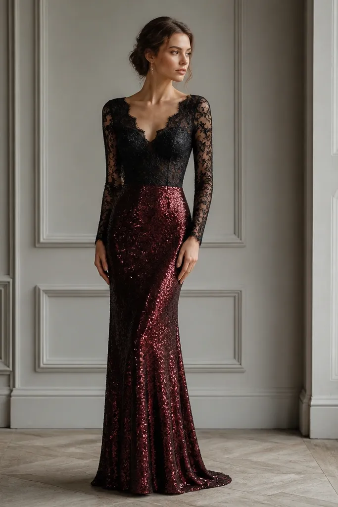 A long gown with a black lace bodice and burgundy sequin skirt. The bodice has a fitted lace texture around the bust and sleeves, while the skirt is covered in deep red sequins down to the floor. The contrast is clear: lace on top, glitter on the bottom.