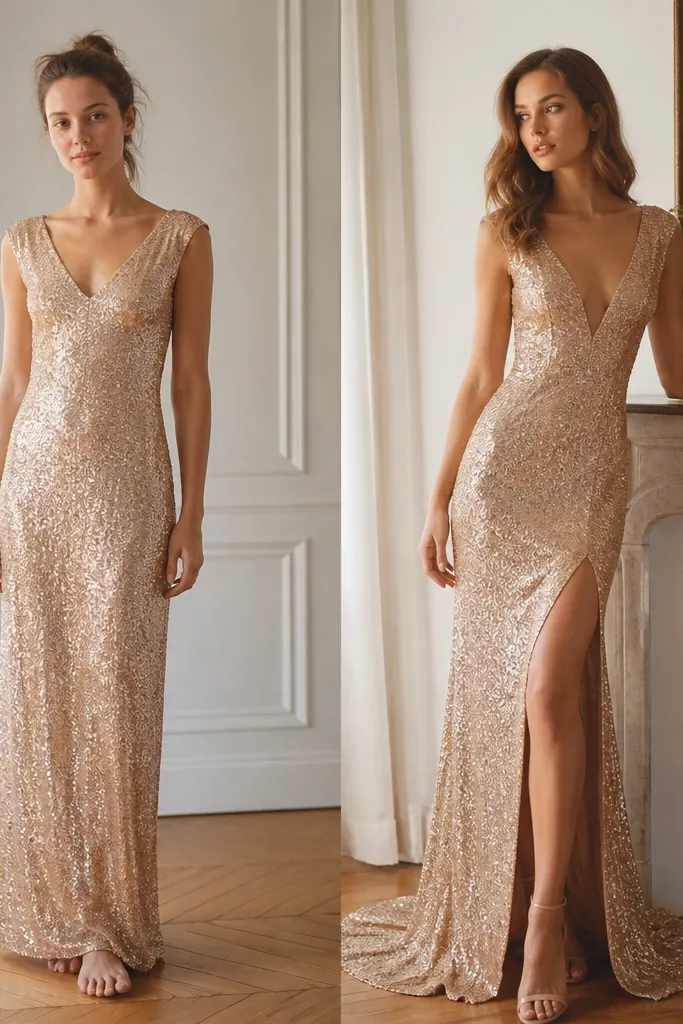Before and after: long sequin evening gown transformations
