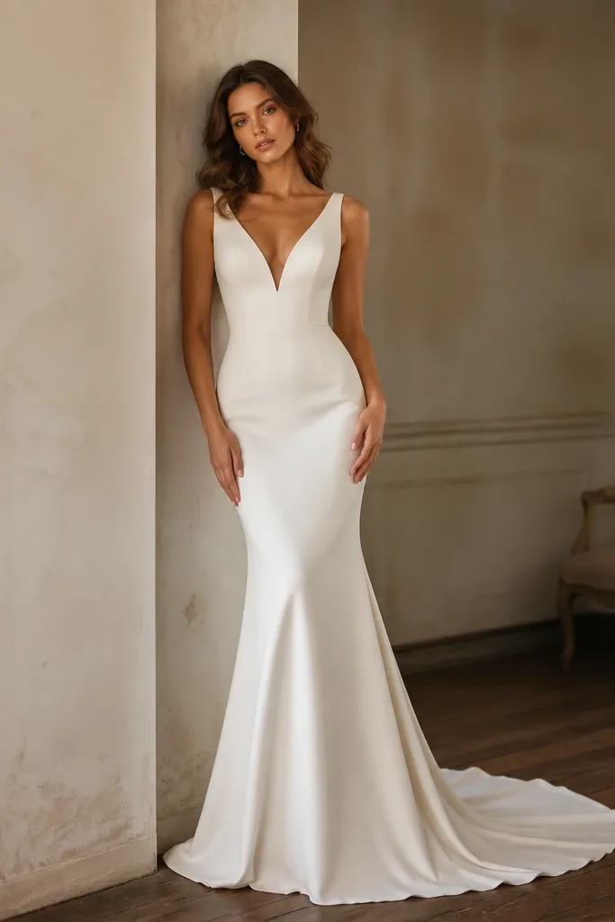 A warm white crepe mermaid gown with a deep V neckline and fitted hips, then a gentle flare at the knee. The fabric looks matte, with subtle texture and no heavy shine.