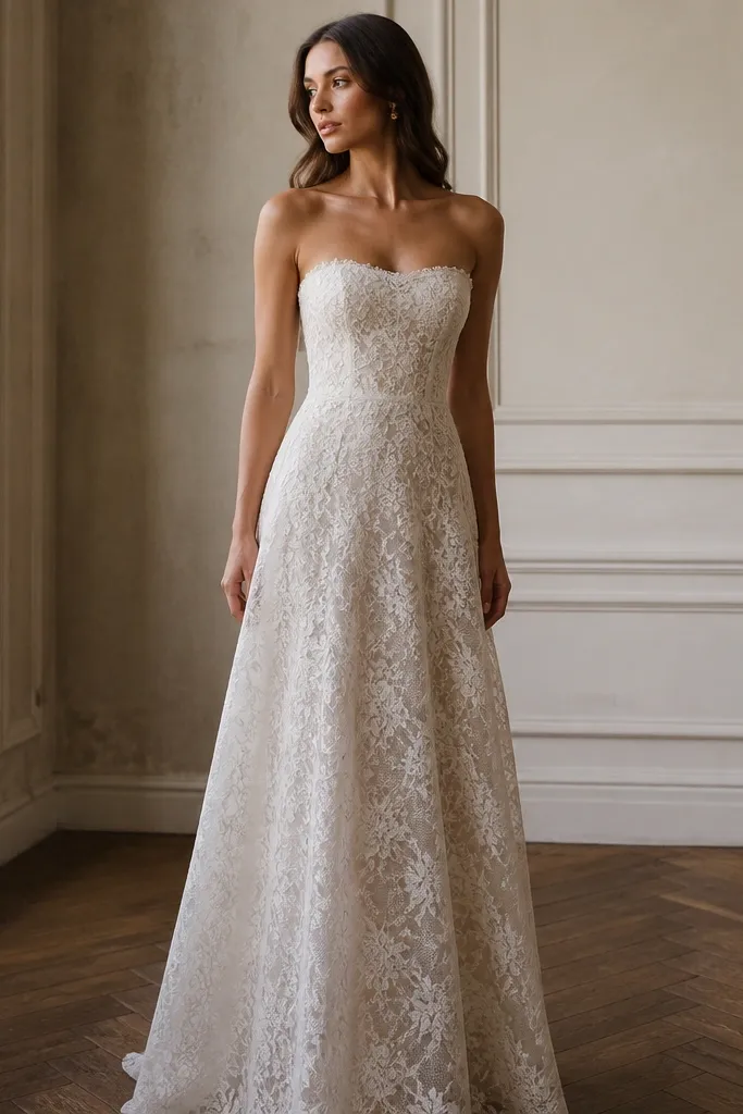 A white lace long dress with a straight neckline and fitted bodice. The lace sits over a nude-tinted lining, and the skirt is full-length with a gentle A-line.