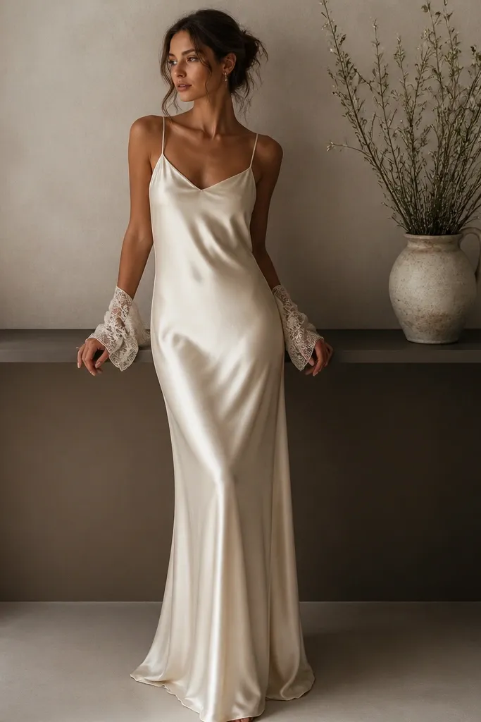 A floor-length champagne-white bias-cut slip dress with spaghetti straps and a slight sheen. It has delicate lace cuff sleeves and a skirt that drapes in smooth waves.