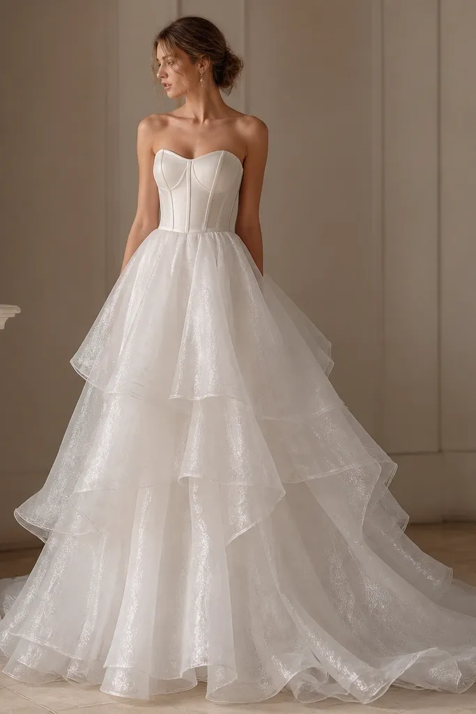 A long white organza gown with a structured bodice and a full skirt that has soft tiers. The organza has airy texture and catches light in layered sparkle.
